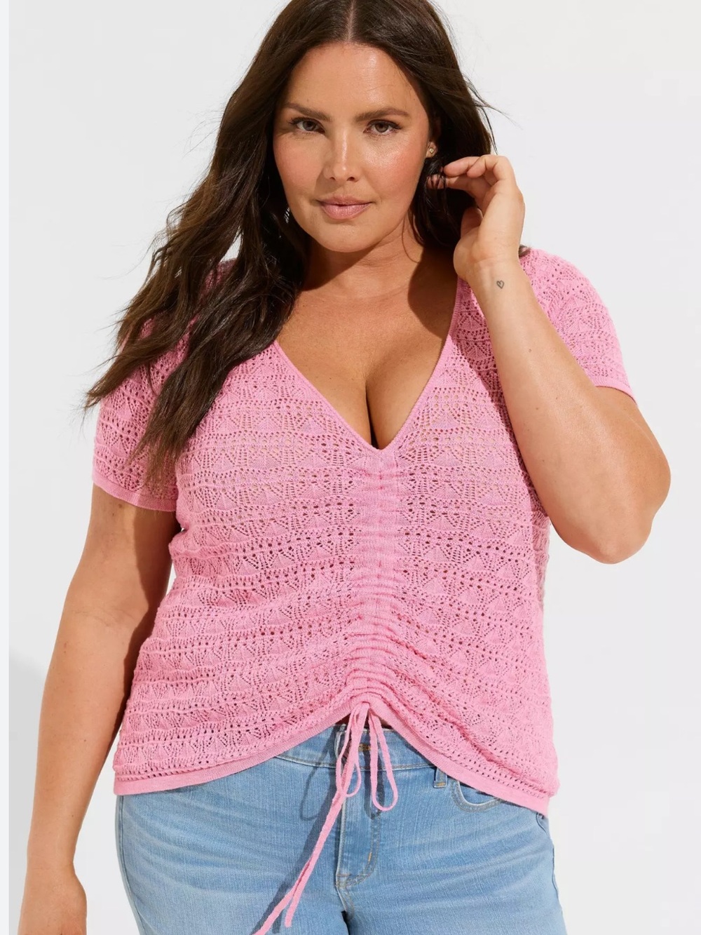 Torrid Pointelle Pullover Short Sleeve Front Tie Sweater Rose Bloom Size 1X New
